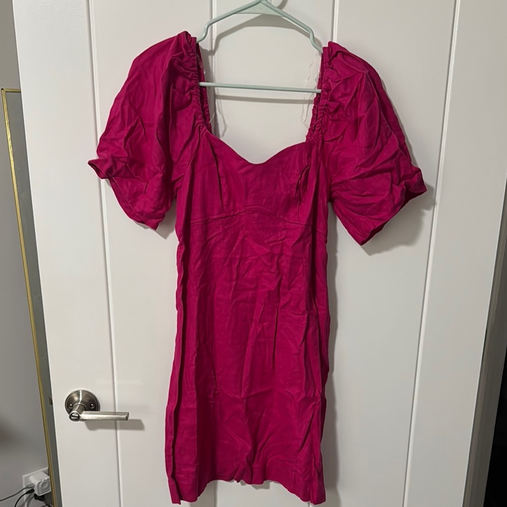 Vibrant Pink Linen Puff Sleeve Dress